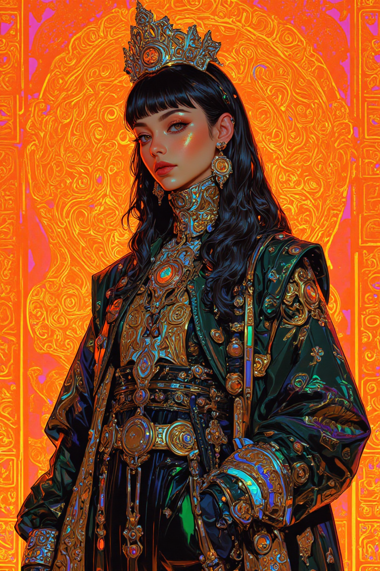 A hyper-realistic illustration of a Caucasian woman with long hair styled in a high ponytail with bangs, dyed in gradient shades of iridescent blue with violet and streaks of glowing green highlights. She wears a futuristic street-inspired oversized coat with swirling holographic patterns blending intricate beadwork motifs in glowing neon hues of yellow, pink, and red, layered over slim-fit high-waisted pants embroidered with geometric designs in electric blue. Platinum earrings shaped like crescent moons complement her look, while a radiant headpiece of intertwining golden vines and sapphire-encrusted accents crowns her head. The background is a vivid neon orange, contrasting the cool tones of her outfit, with ancient glowing runes shifting in multicolored patterns arranged in a poster-like effect. Captured with a Canon EOS R3, 24 MP, paired with an RF 50mm f/1.2L USM lens for ultra-high-definition details, styled with a fusion of cultural traditions and avant-garde futurism.