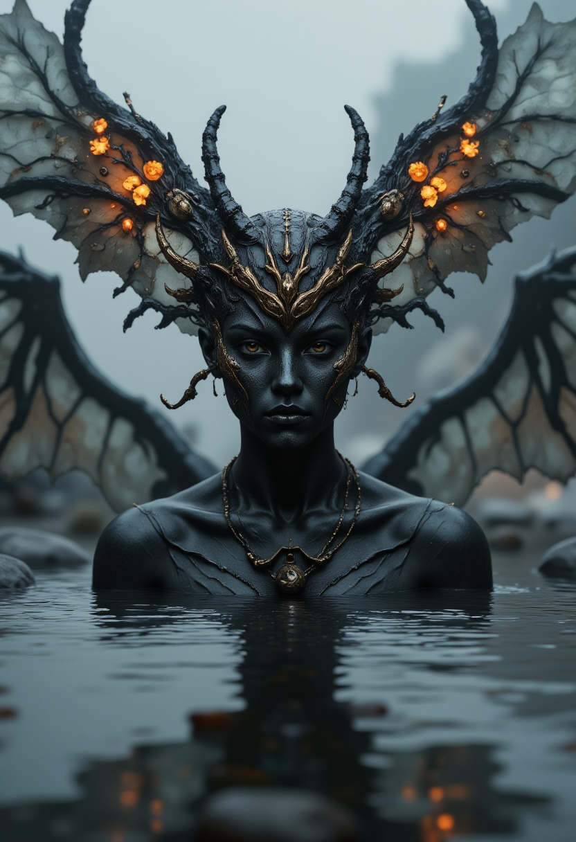 foggy, surreal dream, double exposure, living in a thunder cloud, bo-cityscape, bo-exposure, bo-cyberpunk, bo-steampunk, bo-abyss, a highly detailed, digital artwork depicting a fantastical, anthropomorphic creature with a dark, ethereal appearance, the creature has large, pointed ears and a small, delicate nose, its skin is dark, and its eyes are pale, giving it a mysterious, almost otherworldly appearance, its wings are a vibrant with intricate, spider-like patterns, and they have a delicate, almost translucent quality, they are positioned in a shallow, reflective pool of water, with the creature's head and body partially obscured by a large, ornate, black, and gold mask adorned with small, glowing yellow flowers, the background is blurred, with a hint of dark, indistinct rocks or trees, adding a sense of depth and mystery to the scene, lot of gray colors, orange colors.