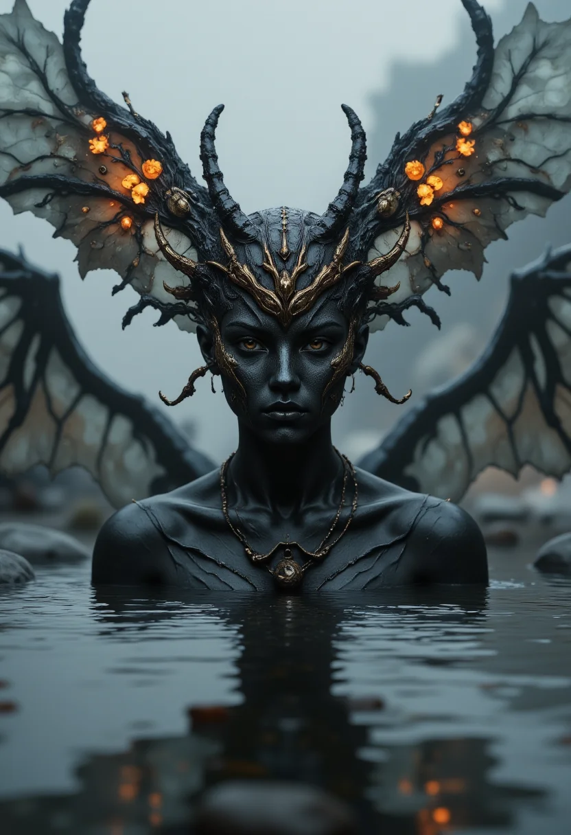 foggy, surreal dream, double exposure, living in a thunder cloud, bo-cityscape, bo-exposure, bo-cyberpunk, bo-steampunk, bo-abyss, a highly detailed, digital artwork depicting a fantastical, anthropomorphic creature with a dark, ethereal appearance, the creature has large, pointed ears and a small, delicate nose, its skin is dark, and its eyes are pale, giving it a mysterious, almost otherworldly appearance, its wings are a vibrant with intricate, spider-like patterns, and they have a delicate, almost translucent quality, they are positioned in a shallow, reflective pool of water, with the creature's head and body partially obscured by a large, ornate, black, and gold mask adorned with small, glowing yellow flowers, the background is blurred, with a hint of dark, indistinct rocks or trees, adding a sense of depth and mystery to the scene, lot of gray colors, orange colors.