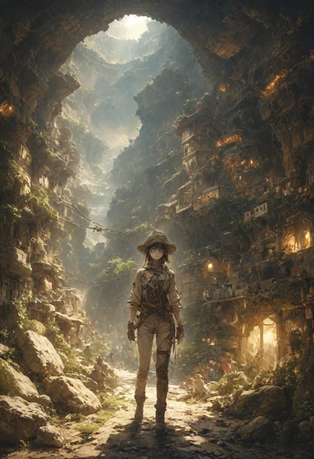 ((1girl, anime-style portrait of a cute young beautiful Korean explorers wearing an alluring outfit, sexy attire, glasses, expedition hat, pitch-black hair, lipgloss, pouty lips, revealing clothing, hipwindow, seductive, (attractive, realistic skin, skindentation, realistic face:1.2), (loop lighting:1.3))), 
a fantasy cliffside jungle shrine overlooking rugged mountains, rainforest climate, 
crowd, looking at viewer, huts, 
extremely detailed background, convoluted environment, complex structures, 
hyperdetailed realistic illustration, intricately detailed, highest quality, implied motion, (background in focus:1.5), clear, 
BREAK, ultra level of detail and precision in the art, masterpiece, best quality, very aesthetic, mixed media, digital art, hyperrealistic, detailed shading, extreme wide-angle view, ray-traced, specular reflections, subsurface scattering, light leaks, (lens flare, rainbow lens rings, crepuscular rays:1.1), water droplets on lens, soft shadows, film grain, Dutch angle, cinematic composition, mystic haze, dusty atmosphere, HDR, mystic haze, dusty atmosphere, complementary colors, intense mood, sharp focus,
