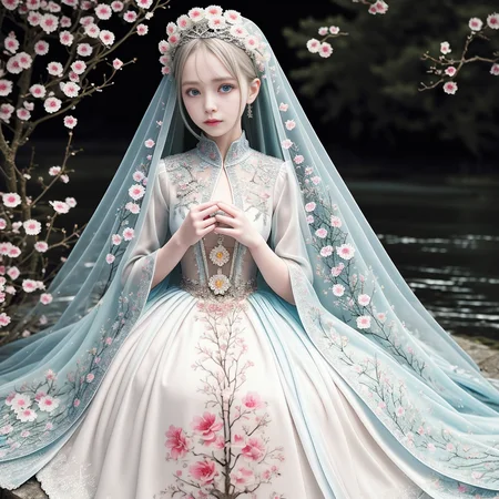 original, (masterpiece), (illustration), (extremely fine and beautiful), (perfect details), (beautiful and clear background:1.25), (depth of field:0.7), (stands aside the river:1.15). (cute:1.3), (detailed beautiful eyes:1.3), (beautiful face:1.3), silver hair, silver ear, (pink hair:0.7), (pink ear:0.7), long hair, (hair blowing with the wind:1.1), (blue eye:1.1), (female internet celebrity:1.2), butterflys flying around, (moon light:0.6), tree, (summer), (night:1.2), (close-up:0.35), (gloves:0.8), solo,full body,hjy<lora:hjy-10:0.7>