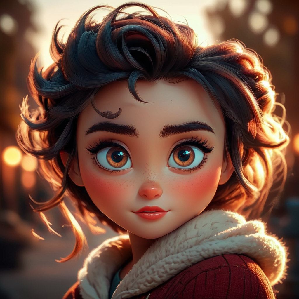 3D animated fairytale style meets romantic realism, large expressive eyes, soft facial features, hyper-detailed hair, golden hour lighting, warm bokeh background, inspired by Disney, Laika, and DreamWorks  <lora:3D_FairytalesSDXL:1>