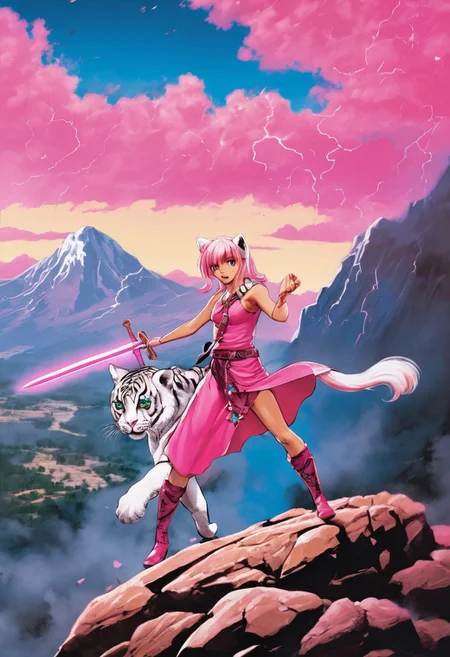 Duo, 1girl, Pink_PonyXL, ((sleeveless dress, white tiger print dress)), pelvic curtain, cleavage, ((white tiger tail)), red sash, ((white cat ears)), medium breasts, ((pink hair, long hair)), sweet smile, wide eyes, single fang showing, Break 1boy, ((link, blonde hair,blue eyes,pointy ears, low ponytail, sidelocks, wearing blue hyilian tunic)), Break, pink standing in fighting pose on a rocky hill, holding a broadsword to the sky, link posing as he looks at pink, storm clouds on the horizon, lightning strike, (((text, bold poster text reading "The Adventure of Pink", text above her))), box_art_frenzy, 1980s Nintendo box cover art, video game,