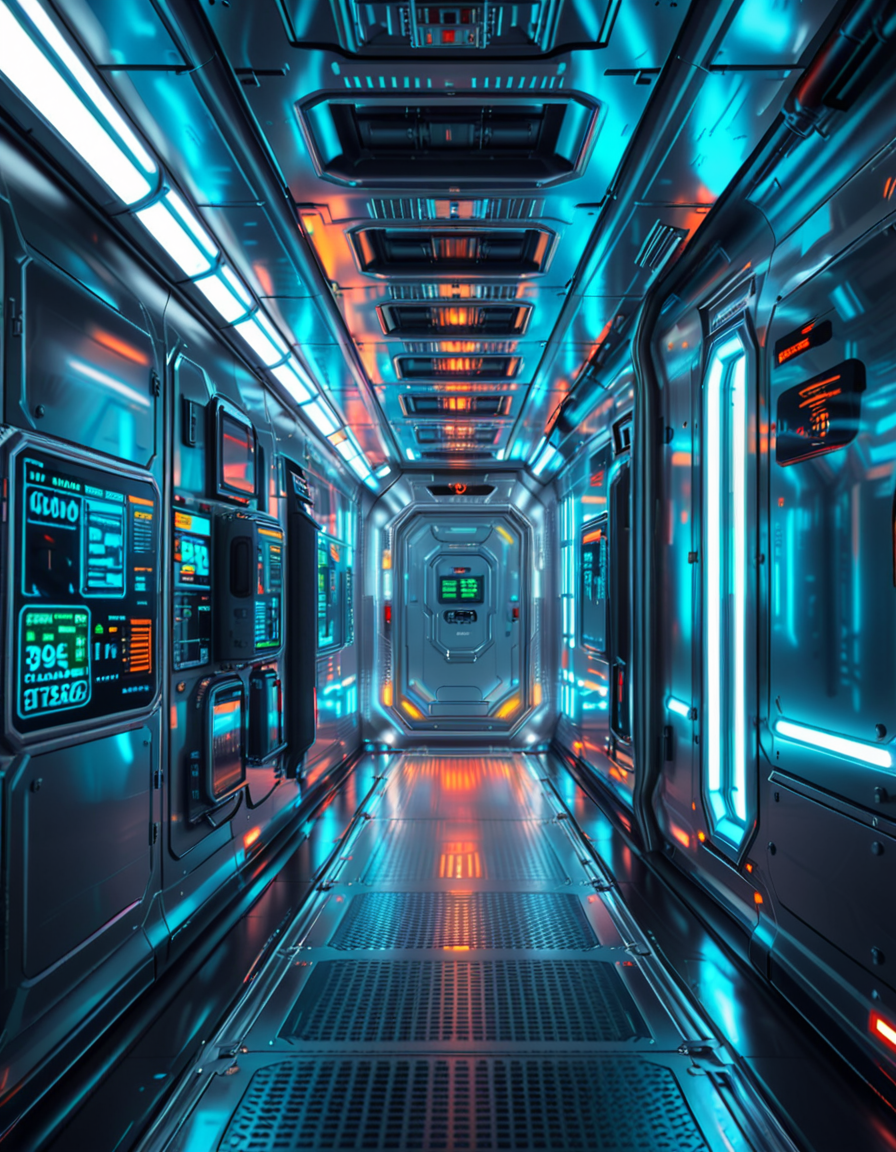 A highly detailed futuristic spaceship corridor, illuminated by soft neon blue and purple lights. The walls are made of sleek metallic panels, with glowing circuits and holographic displays integrated into the design. The floor is reflective and polished, with a faint grid pattern that emits a subtle white glow. Pipes and cables run along the ceiling, interspersed with small ventilation grids and blinking lights. The corridor stretches into the distance, creating a sense of depth, with a slight curve that hints at the massive scale of the spacecraft. The atmosphere feels clean, modern, and slightly sterile, with a sci-fi aesthetic inspired by movies like Blade Runner and Star Wars. The overall lighting is ambient and slightly dim, accentuating the futuristic ambiance. No characters or people are present, focusing entirely on the corridor's architecture and design.<lora:SDXLFaeTastic2400:0.4> <lora:extremely_detailed:0.4> extremely detailed, <lora:futuristic_spaceship_c0rr1d0r:1>,futuristic spaceship c0rr1d0r, Masterpiece,best quality,hi res,8k,hi res,8k,award winning,(sharp focus, intricate, highly detailed),