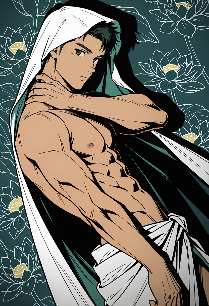<lora:Yokokawa_Yuusuke_Love_All_Play:1> green_yok0kaw4_yuusuk3_eyes, yok0kaw4_yuusuk3, black_yok0kaw4_yuusuk3_hair, 1boy, anime coloring, male focus, solo, muscular male,  topless male, blanket veil, flower, hand on own neck, looking at viewer, high contrast, dark, lotus, shadow, dynamic angle, dynamic action, masterpiece, best quality, very aesthetic, absurdres, newest,