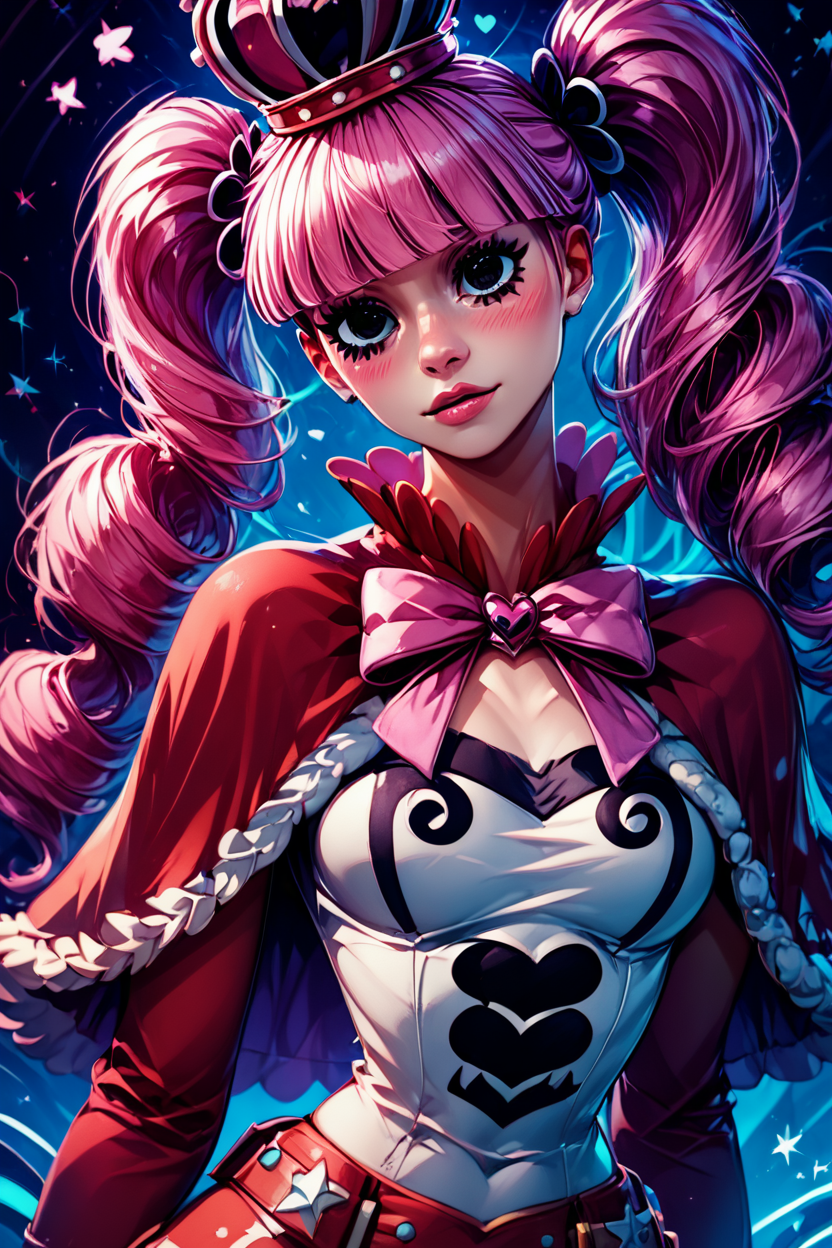 score_9, score_8_up, score_8, medium breasts, (curvy), cute, eyelashes,       BREAK, ,  zzPerona,  black eyes, long hair, twintails, pink hair, blunt bangs, drill hair,   crown, capelet, skirt, shirt, red capelet, striped, crop top, long sleeves, bow, <lora:Perona_OnePiece_PDXL:0.8>, , BREAK,  (ultra realistic,32k, masterpiece:1.2),(high detailed skin:1.1),( high quality:1.1), curvy, head tilt, hearts, blush, lips, closed mouth, curvy, head tilt, shiny clothes, (upper body), looking at viewer, bokeh, luminescent background, ,,, embedding:zPDXL, Expressiveh, ,,, <lora:RlAnmPDXL:1.0>,