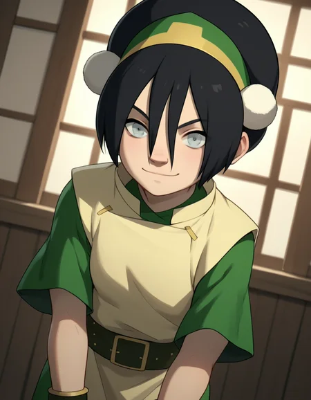 score_9, score_8_up, score_7_up, source_anime, <lora:toph-beifong-book2-ponyxl-lora-nochekaiser:1>, toph beifong, black hair, hairband, blind, grey eyes, hair between eyes, short hair,, shirt, green shirt, vest, belt, short sleeves,, indoors, bent over, smile, looking at viewer, solo, cowboy shot, dutch angle