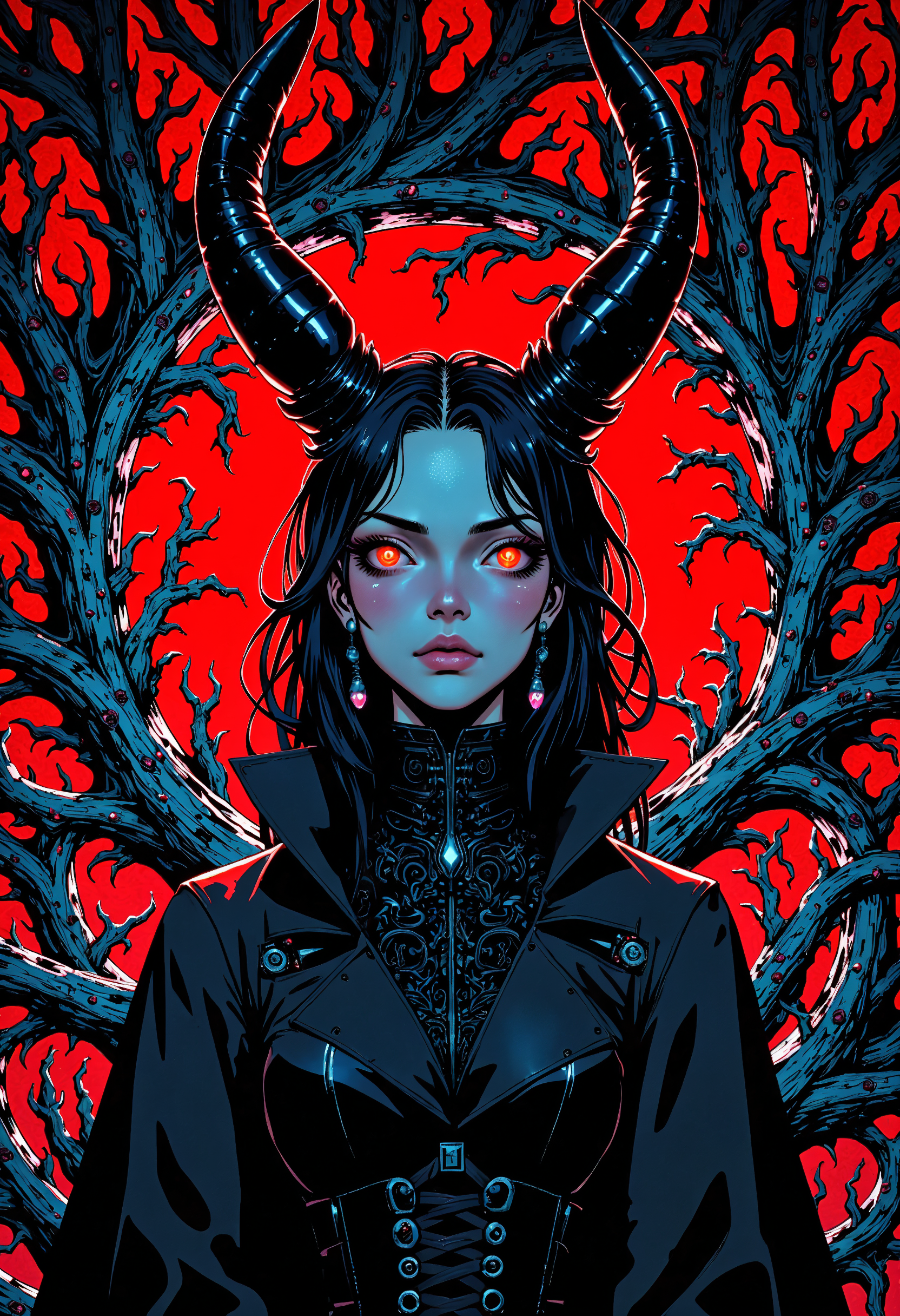 lineart, masterpiece, high-quality, A gothic vampire with haunting crimson eyes and porcelain skin, Behind her a web of black roses intertwined with glowing silver thorns forms an intricate frame, moody shadows, crimson highlights, (elaborate fine details:1.1), (hyperdetailed:1.1), (intricate details:1.0), (Refined details:1.1), (best quality:1.1), (high resolution:1.2),