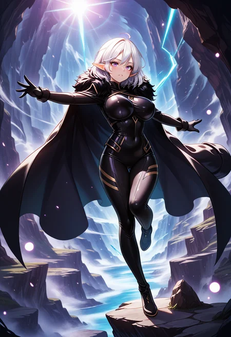 masterpiece, best quality, anime, BREAK 1girl, solo, large breasts, midair, dramatic pose,Falling slow-motion, outstretched arms, cliff, full body,
<lora:Dramatic Lighting Slider:6> <lora:RealisticAnimeIXL:0.5> bokeh, luminescent background, <lora:Reina-ILXL-V1:1> ms reina,purple eyes, white hair, short hair, large breasts, pointy ears,slender,black body suit, fur coat, cape:1.4