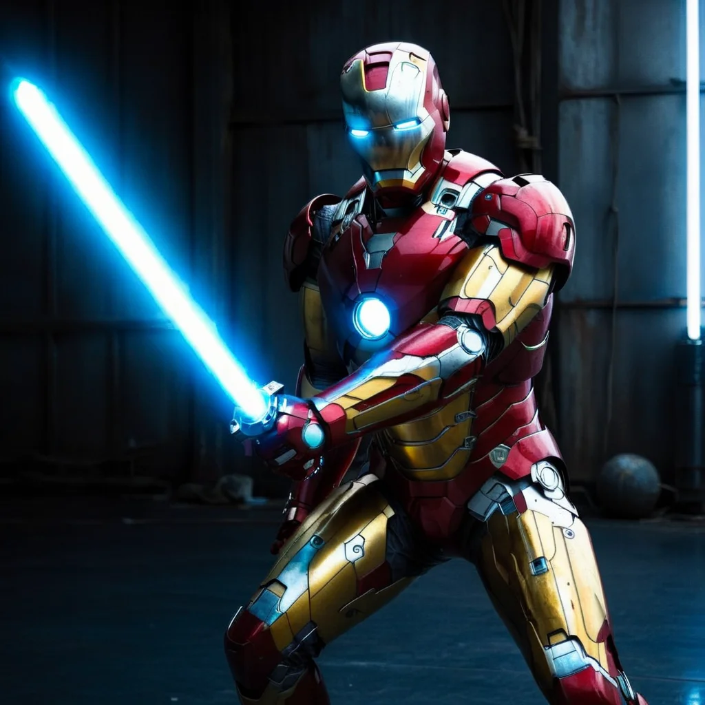 A iron man holds a lightsaber. <lora:Ichimonji:0.9>