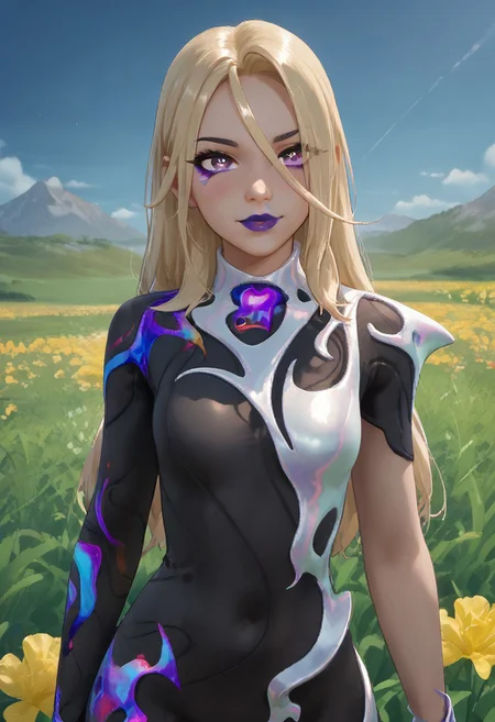 source_anime, score_9,score_8_up, score_7_up,score_6_up, anime style, uncensored, BREAK,SerenadeFN, long blonde hair, purple eyes, purple lips, one short sleeve, gloves, black spandex bodysuit, silver details, long sleeve glove, blue long glowing boot, silver glove, wide hips, cute blush, seductive look, flirting, the girl turns back, view from the back, flower field, sunlight bottom view, perfect face, detailed face, volumetric lighting, cinematic lighting,