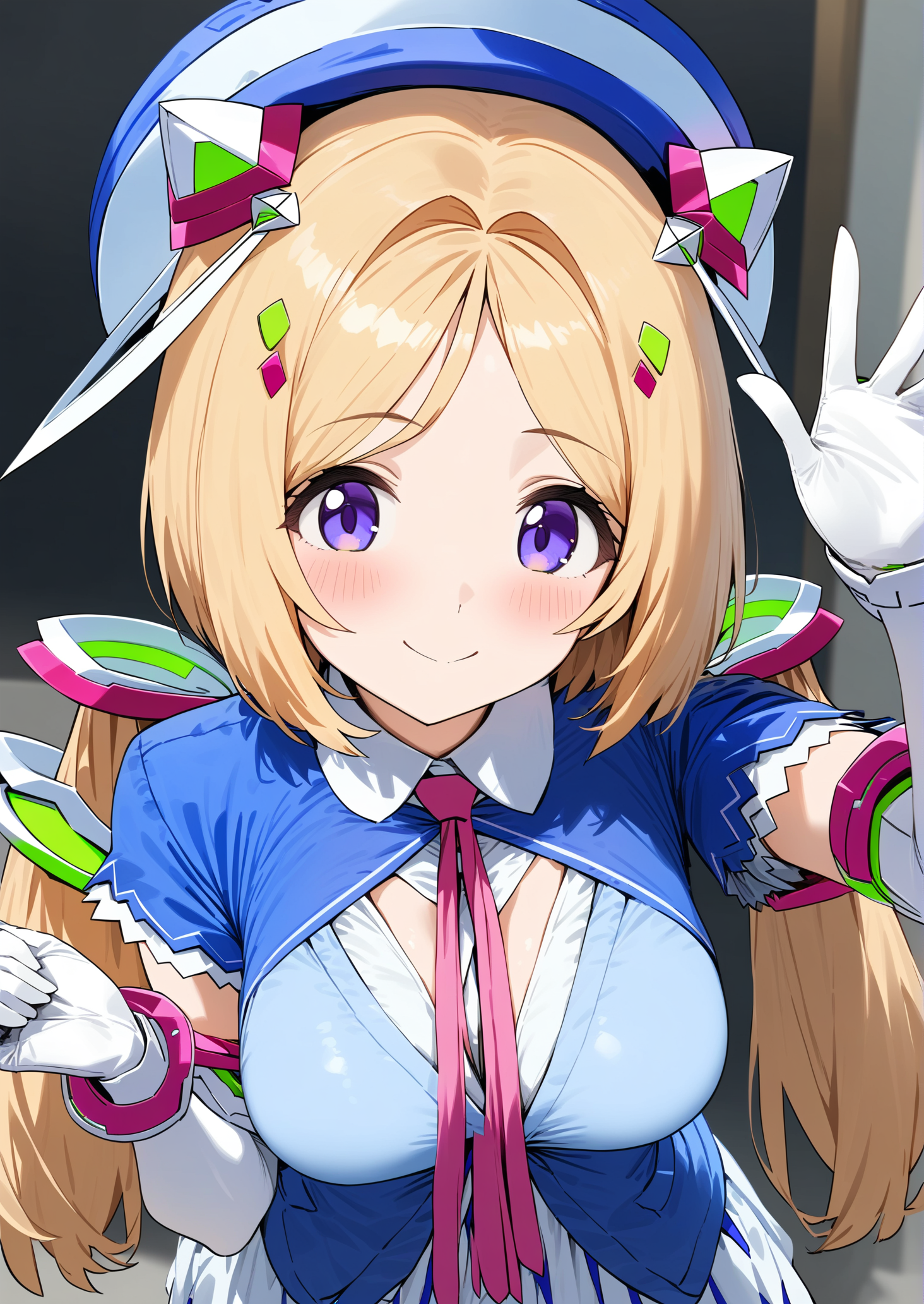 1girl, 
aki rosenthal,  
solo, necktie, blonde hair, breasts, virtual youtuber, headgear, detached hair, purple eyes, smile, parted bangs, looking at viewer, low twintails, twintails, red necktie, elbow gloves, blue jacket, shrug, (clothing:1.1), gloves, blush, long hair, jacket, short sleeves, white gloves, bob cut, large breasts, hair ornament, dress, collared dress, closed mouth, upper body, leaning forward, white dress, short hair, shirt, pink necktie, wrist cuffs, hair tie, white shirt, hands up, wing collar, white wrist cuffs, large hat, detached collar, blue eyes, yellow jacket, cropped jacket, medium breasts, waving, 
masterpiece, best quality, very aesthetic, absurdres, sfw
 <lora:a31_style_momomo-000011:1>