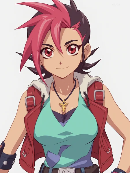 score_9, score_8_up, score_7_up, score_6_up, score_5_up,
solo, 1girl, large_breasts, cleavage, jewelry, black_hair, sleeveless_jacket, multicolored_hair, belt, jacket, smile, shirt, red_eyes, open_jacket, necklace, white_background, looking_at_viewer, sleeveless, closed_mouth, open_clothes, pink_hair, dyed_bangs, bangs, hood, hood_down, spiked_hair, vest, upper_body, two-tone_hair, open_vest, belt_buckle, buckle, hooded_jacket, bracelet, shiny, black_belt, red_jacket
<lora:Yugioh_Zexal:.75>