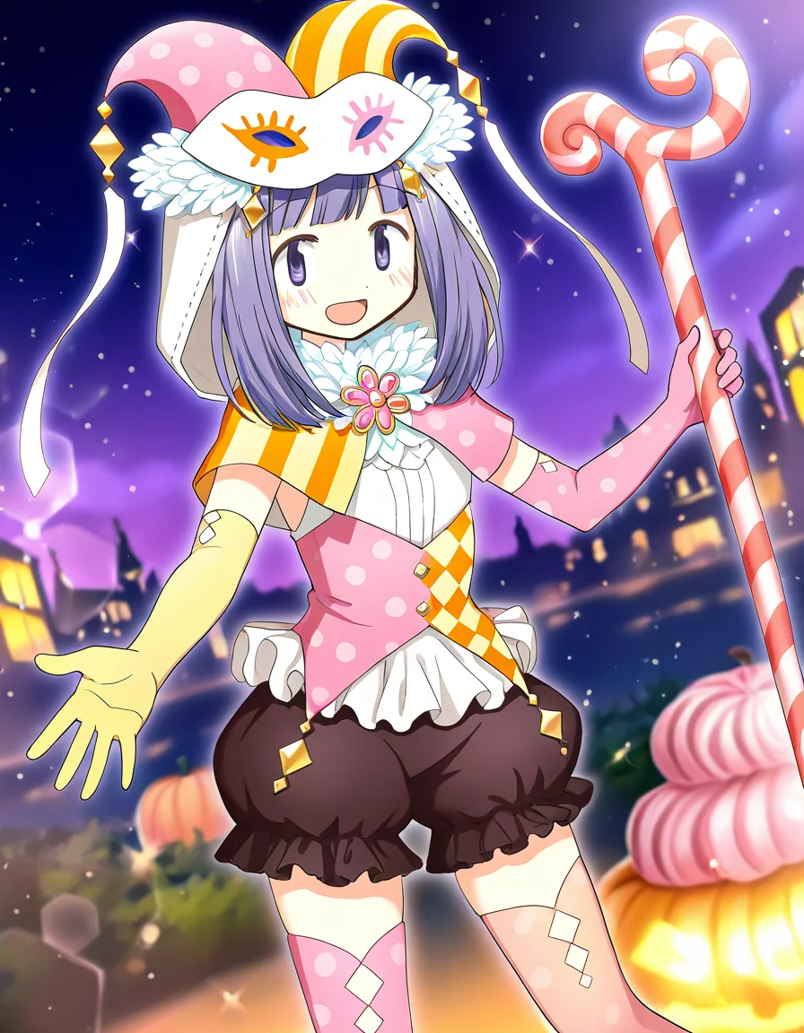 masterpiece, best quality, newest, absurdres, highres, safe, 1girl, yume urara \(halloween costume\), magia record: mahou shoujo madoka magica gaiden, yellow-pink elbow gloves, thighhighs, solo, open mouth, outdoors, dutch angle, <lora:yume_urara_noobaiXLNAIXL_vPred10Version:0.7>