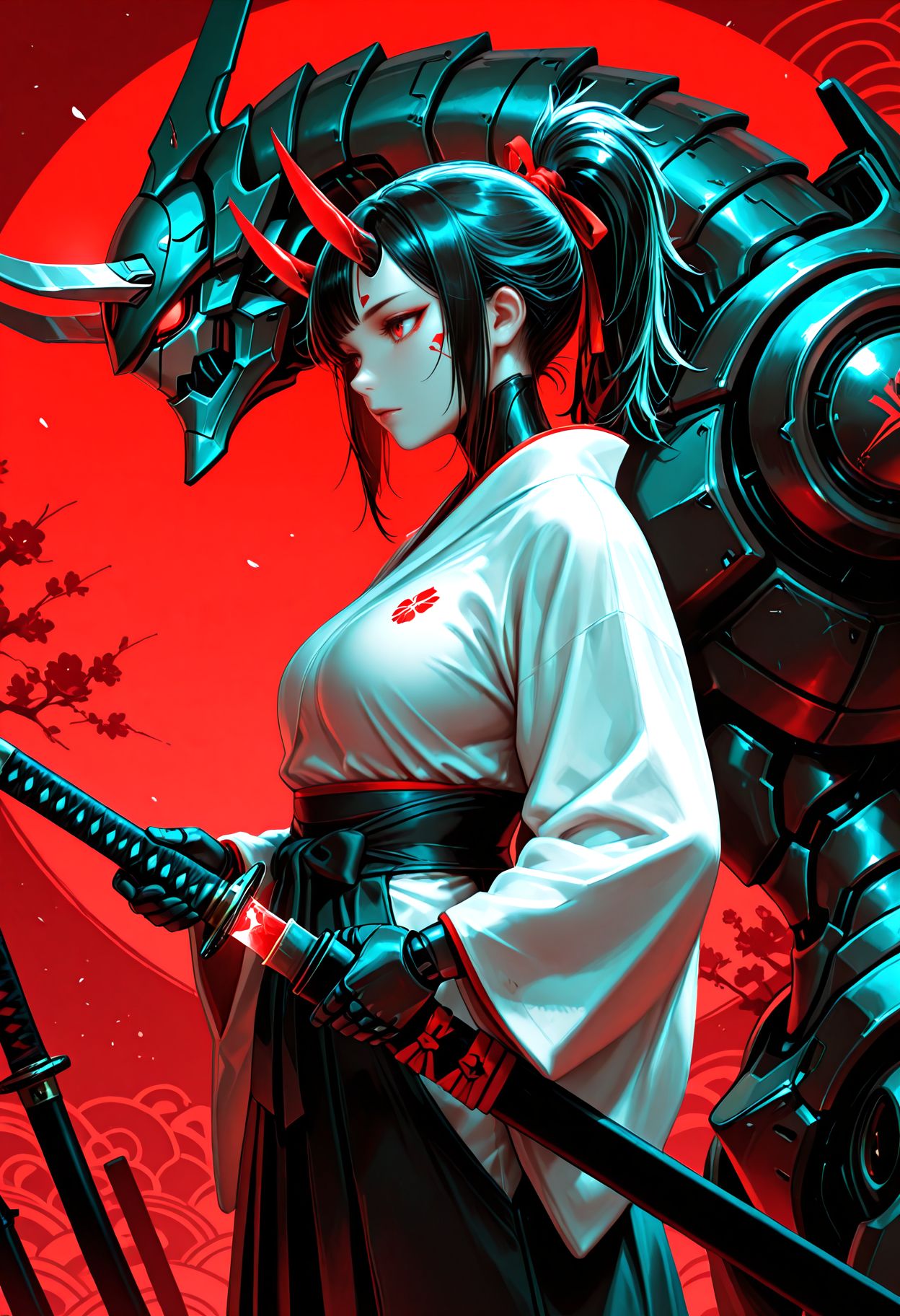 Smooth Quality, science fiction, 1girl,  solo, red eyes, horns, japanese clothes, from side, glowing, holding sword, katana, robot, sheath, red background, hakama, mecha, , sheathed, scabbard, unsheathing, humanoid robot, samurai, limited palette,​​​ abstract background
