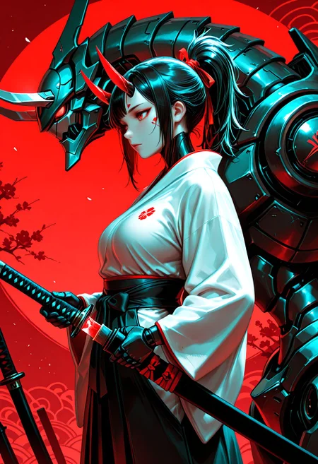 Smooth Quality, science fiction, 1girl, solo, red eyes, horns, japanese clothes, from side, glowing, holding sword, katana, robot, sheath, red background, hakama, mecha, , sheathed, scabbard, unsheathing, humanoid robot, samurai, limited palette,āāā abstract background