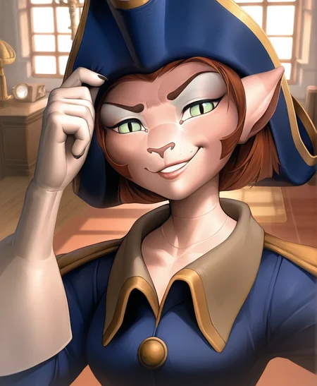 solo, captain amelia, green eyes, uniform, smirk, portrait, hat tip, tricorne, looking at viewer, by takahirosi,by iskra,by jinash, detailed background, living room, highly detailed, best quality, <lora:CaptainAmeliaXL_02-Noob-nd32-na32-lr2-ep20:1>