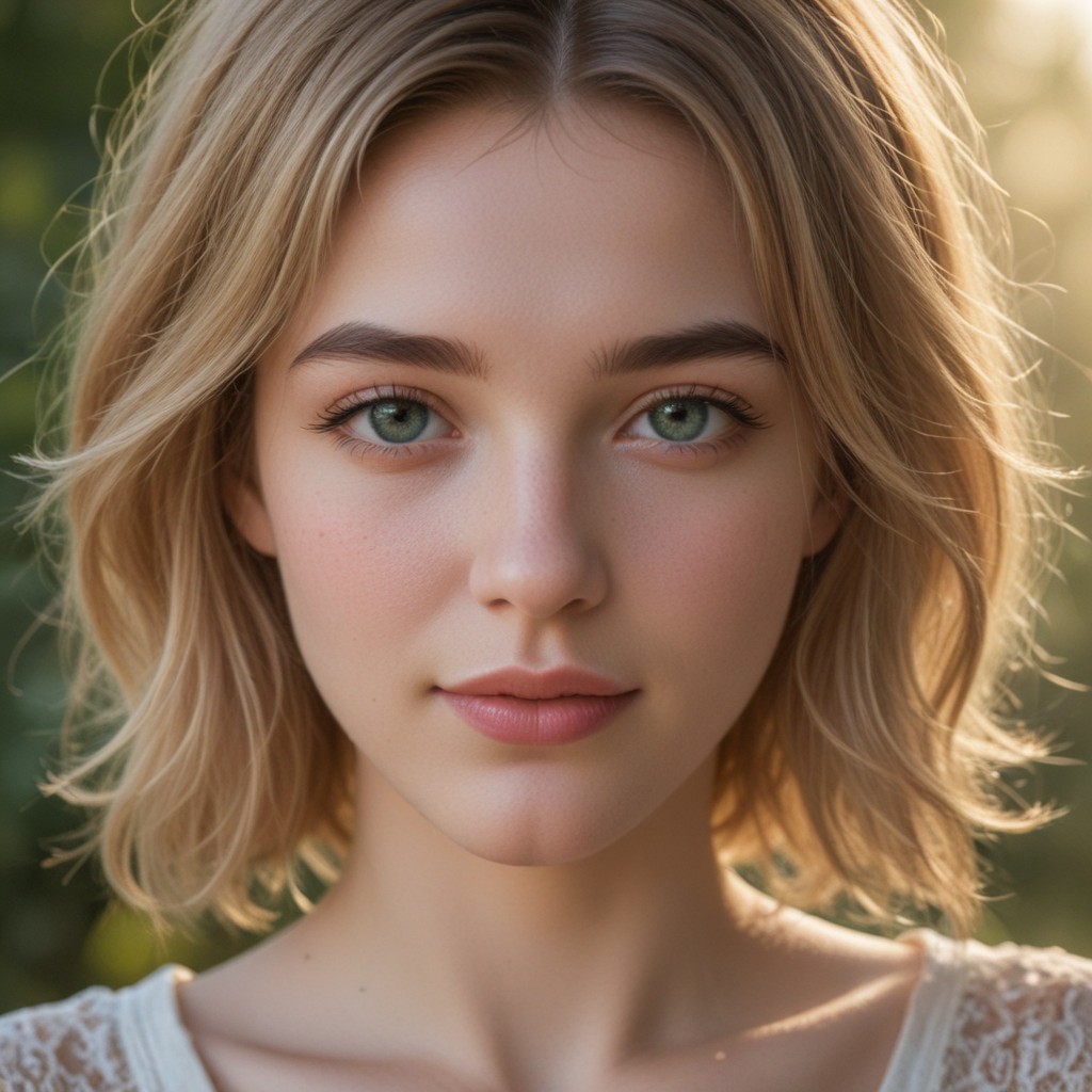 woman with layered bob hsircut , flowing light blond hair, warm and natural smile, full lips, thick eyebrows, She has bright and expressive green eyes, soft and radiant skin, her hair is illuminated by gentle sunlight, creating a golden glow, the atmosphere is serene, capturing a soft and natural beauty. The image is highly detailed and photorealistic, emphasizing warmth,