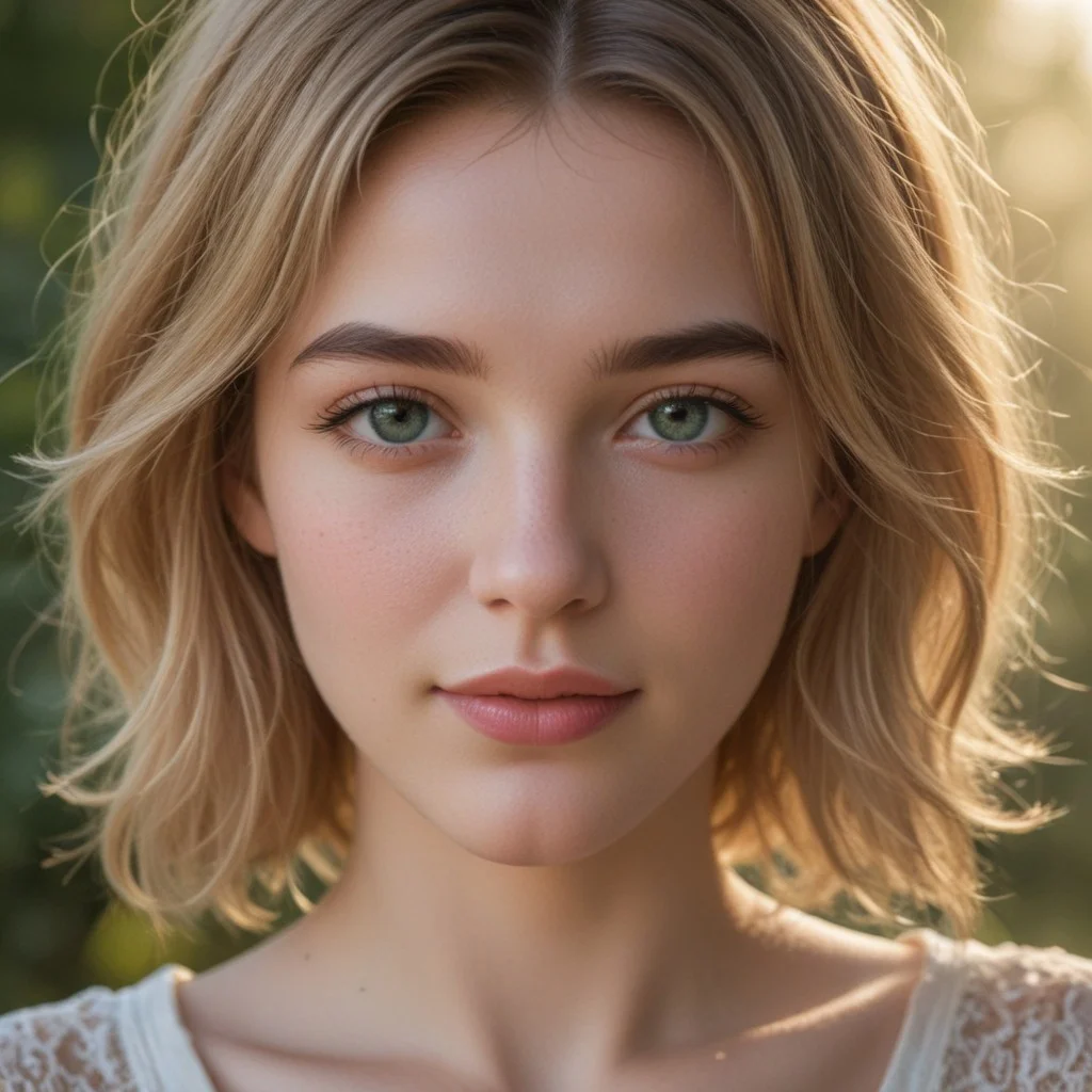 woman with layered bob hsircut , flowing light blond hair, warm and natural smile, full lips, thick eyebrows, She has bright and expressive green eyes, soft and radiant skin, her hair is illuminated by gentle sunlight, creating a golden glow, the atmosphere is serene, capturing a soft and natural beauty. The image is highly detailed and photorealistic, emphasizing warmth,