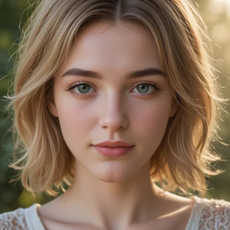 woman with layered bob hsircut , flowing light blond hair, warm and natural smile, full lips, thick eyebrows, She has bright and expressive green eyes, soft and radiant skin, her hair is illuminated by gentle sunlight, creating a golden glow, the atmosphere is serene, capturing a soft and natural beauty. The image is highly detailed and photorealistic, emphasizing warmth,