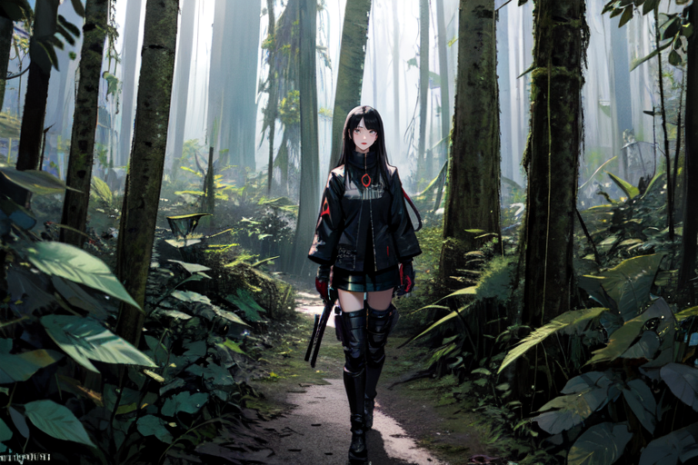 highly insanely detailed, masterpiece, top quality, best quality, highres, 4k, 8k, RAW photo, (very aesthetic, beautiful and aesthetic),  
beth_\(megami_tensei\),bethsmtii,shin megami tensei ii,long hair,black hair,straight hair,sleek black,jewelry,cross,headband,red_lipstick,Tokyo_Millennium,post-apocalyptic_city,dystopian_world,Great_Cataclysm,World_ending_event,apocalyptic_disaster,city_rebirt, 
<lora:zs_Beth:0.3>, 
(1girl:1.3), 1other, 
large forest,enchanting forest,dense forest,lush forest,tall trees,canopy,overgrown scenery,plaid background,âââ