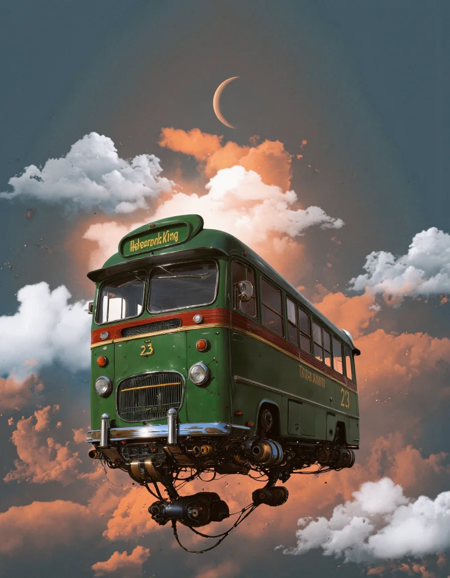 Art by Alejandro Burdisio. A digital illustration shoot from below about a vintage bus with a futuristic design flying through a colorful sky filled with clouds and a crescent moon. the image also shows a futuristic vehicle in the sky. on the middle of the image, a green and red bus with the number 23 is flying through the air. the bus has a sleek, streamlined design with a large front grille and chrome accents. it has two large headlights and a small rear camera mounted on the front. The bus also has a set of mechanical parts attached to it, including a steering wheel and a suspension arm. the background features a mix of blue and orange hues, with fluffy white clouds scattered throughout. the overall style is reminiscent of sci-fi and fantasy art, with a focus on the intricate details and vibrant colors of the bus.