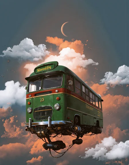 Art by Alejandro Burdisio. A digital illustration shoot from below about a vintage bus with a futuristic design flying through a colorful sky filled with clouds and a crescent moon. the image also shows a futuristic vehicle in the sky. on the middle of the image, a green and red bus with the number 23 is flying through the air. the bus has a sleek, streamlined design with a large front grille and chrome accents. it has two large headlights and a small rear camera mounted on the front. The bus also has a set of mechanical parts attached to it, including a steering wheel and a suspension arm. the background features a mix of blue and orange hues, with fluffy white clouds scattered throughout. the overall style is reminiscent of sci-fi and fantasy art, with a focus on the intricate details and vibrant colors of the bus.