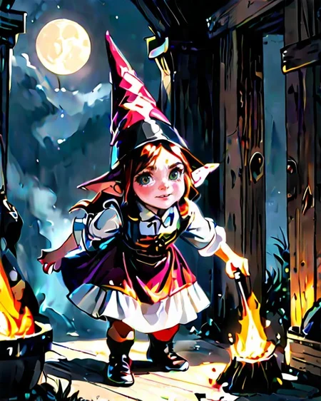 <lora:Dark_Novel:0.7> medium wide shot of (heinzelmnnchen, mythical small female gnome like beings, household spirits, dressed in traditional german clothing, pointy hat, industrious helpful nature, perform household chores, night, benevolent diligent) BREAK complex background <lora:neg4all_bdsqlsz_xl_V9:0.17>
