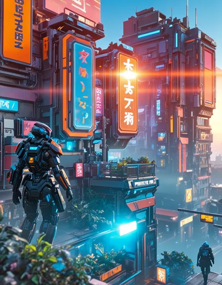<lora:CW04xl:1> cyberpunk street, neon signs, futuristic architecture, glowing billboards, luminous cyan and orange lighting, sci-fi buildings, balcony garden, urban vegetation, lens flare, city haze, misty alley, armored figure walking, high-tech facade, vibrant signage, elevated platform, dramatic sunset, colorful reflections, anime-inspired, ultra-detailed, 8k render, closeup,