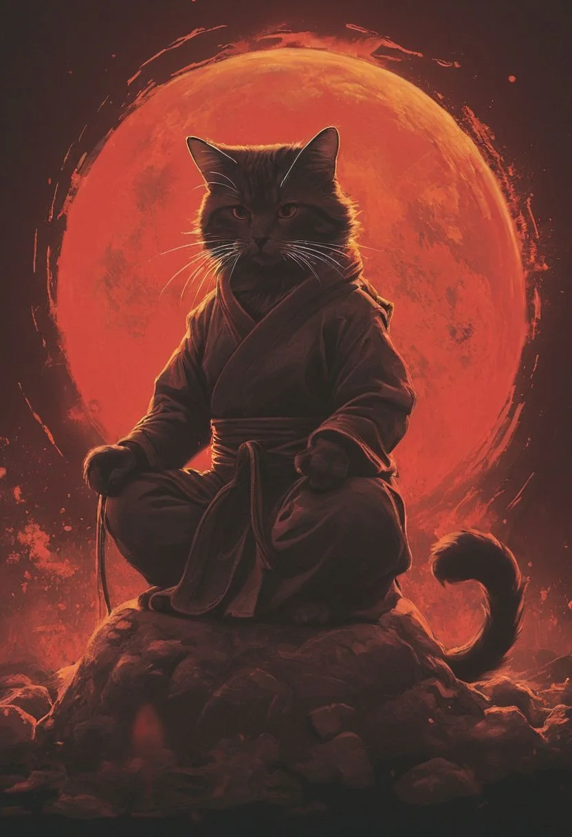 Capturing serenity amidst boundless solitude: a powerful image of a fluffy ninja cat draped in flowing feudal garb, large sedge-hat, meditating in lotus position upon an endless, sunless expanse. As she hovers, an aura emanates from her, growing in intensity as it extends beyond her Till it explodes in the far, reminiscent of expanding ripples of sound. The neon hues of her aura paint the air, a vivid testament to her inner strength and focus.
creating a hyperpunk scene with desaturated translucent DARK Red and beige details, colorful (polaroid:0.7) with vibrant colors, (vacations, high resolution:1.3), (small, selective focus, european film:1.2), (sexual advance:1.1), closeup
