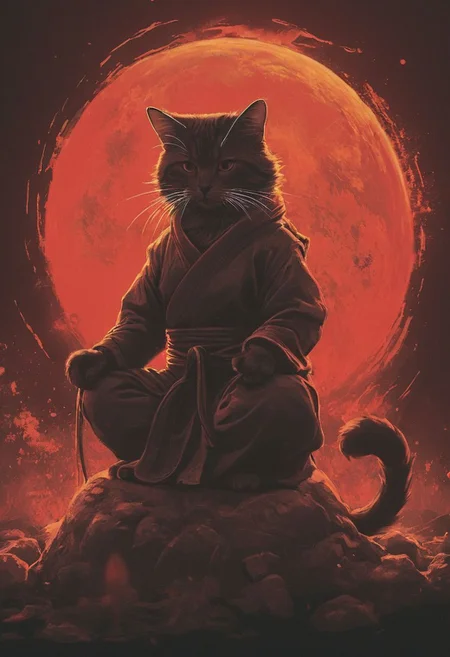Capturing serenity amidst boundless solitude: a powerful image of a fluffy ninja cat draped in flowing feudal garb, large sedge-hat, meditating in lotus position upon an endless, sunless expanse. As she hovers, an aura emanates from her, growing in intensity as it extends beyond her Till it explodes in the far, reminiscent of expanding ripples of sound. The neon hues of her aura paint the air, a vivid testament to her inner strength and focus.
creating a hyperpunk scene with desaturated translucent DARK Red and beige details, colorful (polaroid:0.7) with vibrant colors, (vacations, high resolution:1.3), (small, selective focus, european film:1.2), (sexual advance:1.1), closeup