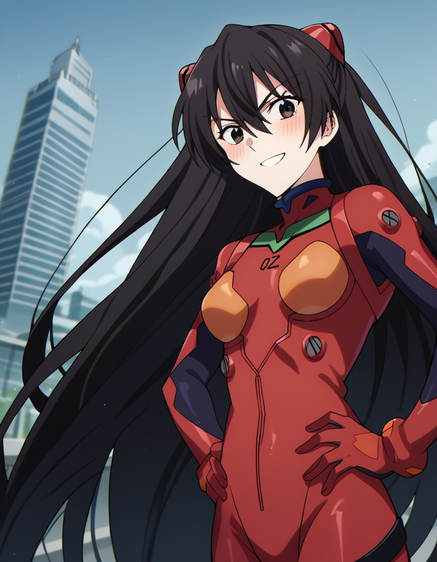 score_9, score_8_up, score_7_up, source_anime, <lora:kirukiru-amou-s1-ponyxl-lora-nochekaiser:1>, kirukiru amou, long hair, black hair, very long hair, black eyes, hair between eyes,, <lora:souryuu-asuka-langley-cosplay-ponyxl-lora-nochekaiser:1>, souryuuasukalangleycosplay, souryuu asuka langley (cosplay), bodysuit, pilot suit, plugsuit, red bodysuit, interface headset,, cityscape, smile, blush, hands on hips,, , cowboy shot, dutch angle
