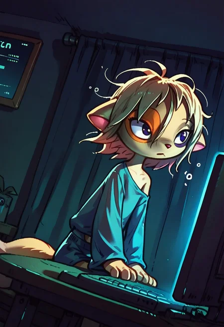 Dreamkeepers,1girl,Paige,solo,furry,tail,source_furry,blonde hair,
child,
masterpiece, best quality, newest, very awa, no lineart, no outline, Flatline, Flat vector illustration, Smooth, super cute style, very aesthetic, flat colors, Colorful themes, High Saturation, petite, cute, small, fragile, young, youthful, short hair, messy hair, collarbone, navel,
dynamic pose, sleepy, gray bags under eyes, dutch angle, sitting at computer, cute outfit, casual outfit, indoors, one bare shoulder, night, dark, volumetric lights,
