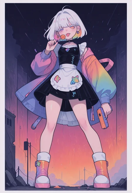 16k, 8k, 4k, masterpiece, vibrant colors, best quality, ultra detailed, highly detailed, hyper-detailed,
(from below ,  fish eye),
dark stormy background, slanting rain, rainstorm, tempest, turbulent atmosphere, strong winds, raining heavy,
(clothes and hair blown strongly by the wind, flowing fabric, disheveled hair, billowing skirt, windblown ),
BREAK
torso shot,
heroic portrait of stunning girl pointing pistol at viewer, heroic pose, dynamic pose, bangs, white hair, multicolored hair, bobcut hair,
pastel cyan eyes, choker, hair over one eye,
small breasts, earrings, ear pierces,
ultra detailed decorative victorian gossamer clothes, very short tight black maid dress, maid apron, over sized holographic color hazard jacket,
white short boots, no hair accessories,
dark noisy pastel gradient red  background (with extremely thick white border on all four sides ),
half closed eyes, unfocused eyes,
distant gaze, emotionless look, looking away, white thick eyelashes, white long eyelashes,
(holding a lollipop, licking a lollipop, 1 lollipop), (holding orange  multicolored pistol), pistol hithermost, pointing a pistol at viewer, pistol featured composition, dramatic perspective,
summit of wrecked buildings in background, abandoned balcony,  post apocalyptic city background, thick clouds,
,
holographic color highlights, backlight,
eye_focus, g0thic, qxys, neon, [[[[flowing hair]]]], Flatline, haiz_ai,
gyuing_illu, hex_style, c4yf311style,
<lora:eye_focus:0.35>
<lora:holographiccolor:0.66> <lora:TrendCraft_The_Peoples_Style_Detailer-v1.0A-3_13_2025-illustrious:0.125>
<lora:flatline:1.25>
<lora:petravoice:0.6> <lora:gyuing666:0.75>