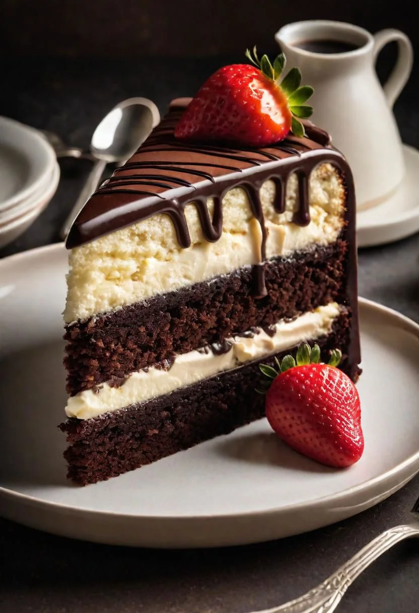 a photo of a cream chocolate cake, with chocolate topping and cream and a single strawberry. Warm side light from the left.