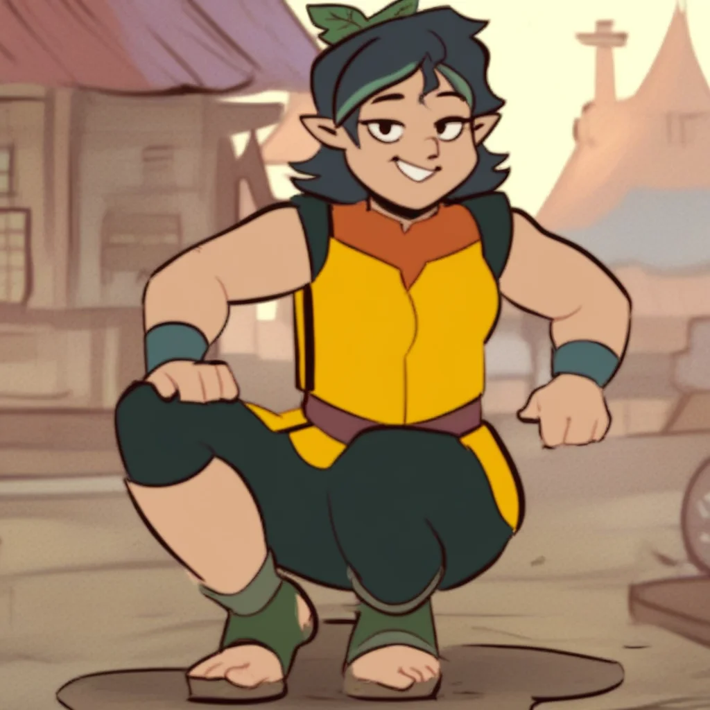 score_9, score_8_up, score_7_up, score_6_up, score_5_up, score_4_up, masterpiece, high quality, detailed, Pandora, plus-sized, muscular, pale skin, pointy ears, green hair, plant on head, Yellow tank top, green shorts, outdoors, town, market, smiling, seductive, looking at viewer, full body,