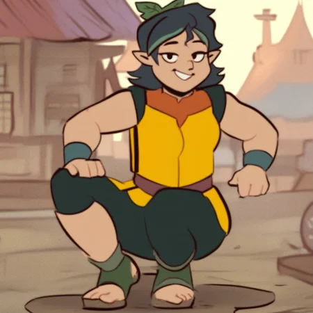 score_9, score_8_up, score_7_up, score_6_up, score_5_up, score_4_up, masterpiece, high quality, detailed, Pandora, plus-sized, muscular, pale skin, pointy ears, green hair, plant on head, Yellow tank top, green shorts, outdoors, town, market, smiling, seductive, looking at viewer, full body,