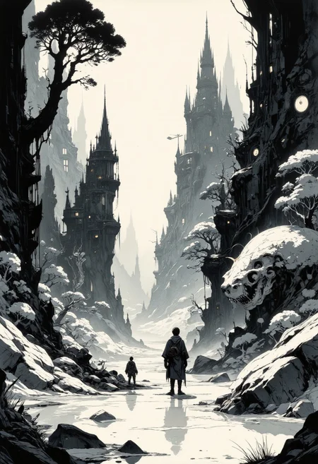 A wide-angle illustration of the Shadows Country, where everything is black and white. The environment is surreal—a vast, grayscale landscape filled with towering shadow castles, whimsical black-and-white trees, and strange creatures made entirely of shadow silhouettes. Shadowy characters like a knight, a princess, and a herald peek out from behind a forest of shadowy shapes, watching him cautiously. The drawing technique is warm and hand-drawn, using delicate ink outlines and soft watercolor washes to evoke the charm of a children's book illustration, while the framing emphasizes