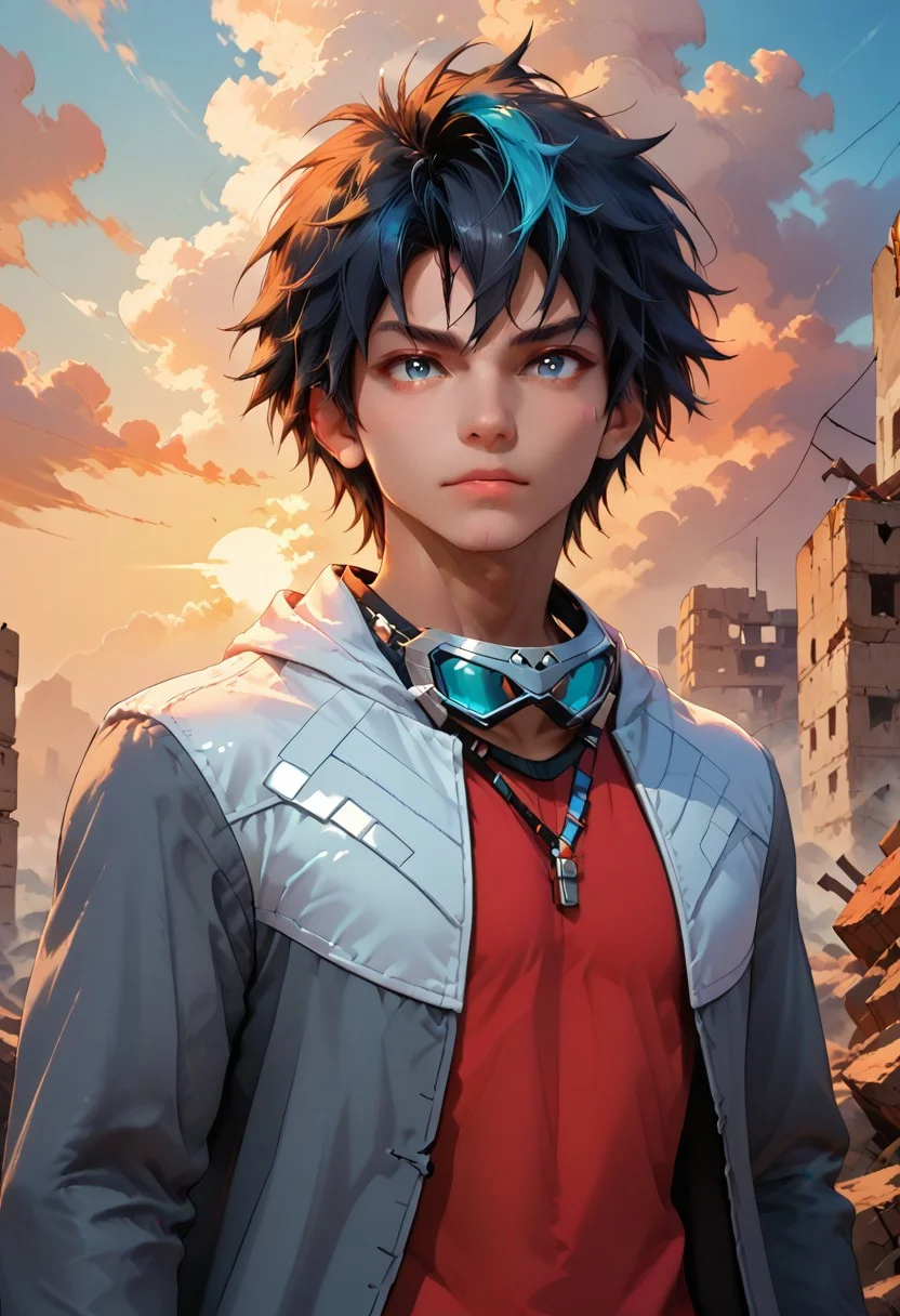 score_9, score_8_up, score_7_up, Portrait, 1boy, solo, takuto_dwno, black hair, multicolored hair, gray eyes, red shirt, black pants, gray jacket, googles around neck, sunset, rubble in the background, 4n1v3rs3, depth of field, dynamic angle, fashion photography, sharp, hyperdetailed:1.15, freebos_smoothiestyle