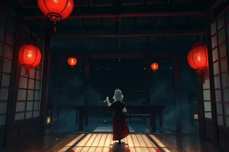 highly insanely detailed, masterpiece, top quality, best quality, highres, 4k, 8k, RAW photo, (very aesthetic, beautiful and aesthetic),
(rsef style,fevercell style),energy_auras,overlapping_shapes,chromatic_aberration,dynamic_composition,mystical_vibes,cybernetic_elements,holographic_effects,neon_lighting,geometric_patterns,science_fantasy,digital_aesthetics,glitch_effects,psychedelic_art,vivid_colors,high_contrast,
<lora:rsef-000225:0.3>,
(1girl:1.3),
1other,
,
,
medium hair,rolled lob hairstyle,elegant_finish,curly hair hair,hair over eyes,metal hair,
,
Traditional Multi Storey Wooden Restaurant,ancient Chinese styles,traditional Chinese styles,red Wooden,Lattice_Windows,chair,Decorative_Screens,Wooden stairs,Tatami_Floors,Calligraphy_Decor,Low_Furniture,Hanging_Scrolls,cushions,Ornate_Carvings,intricate and decorative wood carvings,Wooden fence,steam,mist,misty,dense_fog,thick mist,see-through,Wooden_Beams,Wooden_Interior,Exposed_Rafters,Bamboo_Decor,Traditional_Furniture,Paper_Lanterns,medium_shot,Martial_Arts_World,Traditional_Woodwork,landscape,light rays,outdoors,
,âââ