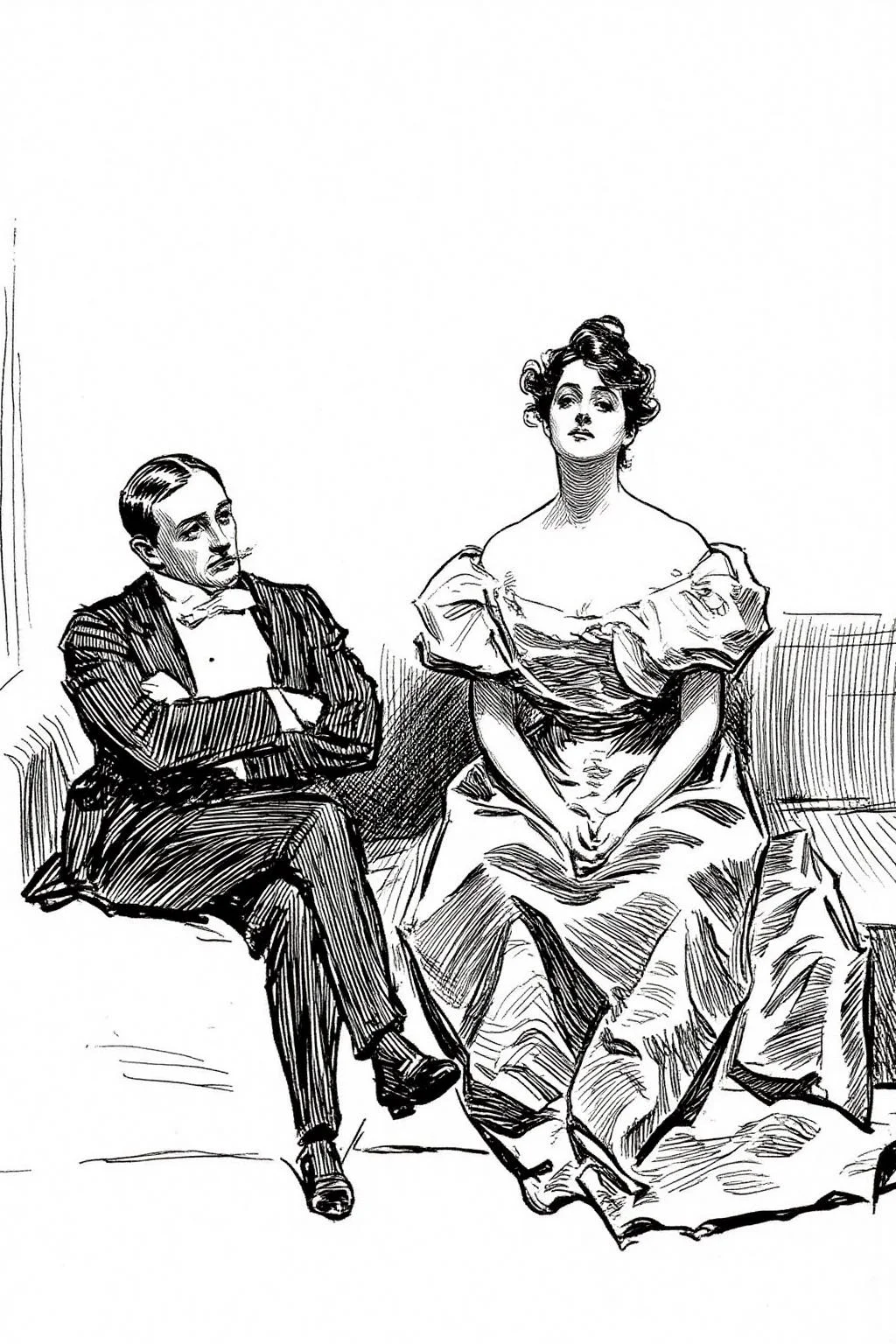 charlesdgibson1 illustration.
A man and a woman are seated on a simple, upholstered couch or chair with a subtle pattern indicated by faint, curved lines. On the left, a man sits with his arms crossed, looking contemplative or slightly bored. On the right is a woman wearing an evening gown. She sits with her hands on her lap and is looking directly at the viewer. <lora:charlesdgibson1_cap_d8a4:1.0><lora:839940327428275764:0>