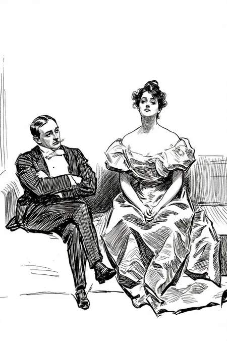 charlesdgibson1 illustration.
A man and a woman are seated on a simple, upholstered couch or chair with a subtle pattern indicated by faint, curved lines. On the left, a man sits with his arms crossed, looking contemplative or slightly bored. On the right is a woman wearing an evening gown. She sits with her hands on her lap and is looking directly at the viewer. <lora:charlesdgibson1_cap_d8a4:1.0><lora:839940327428275764:0>
