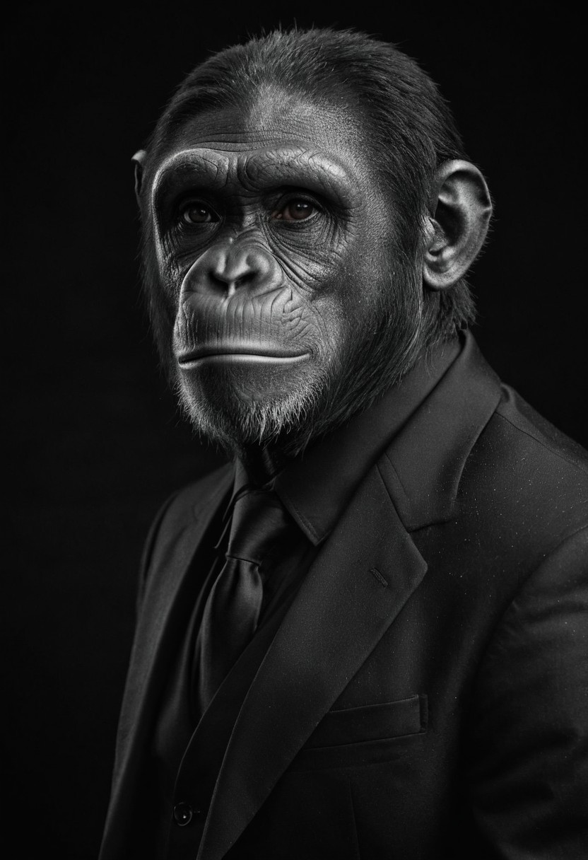 high-contrast (monochrome:1.2) palette, subtle grain, timeless feeling, cinematic quality, modern art photograph, chimp wearing a black suit with a black shirt with a black vest with a black necktie, natural skin texture, realistic skin texture, black background