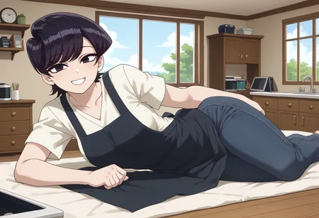 score_9, score_8_up, score_7_up, source_furry, BREAK,
(1girl, solo:1.5), gtscramped,
shuuko komi, short hair, black hair, black eyes, half-closed eyes, shirt, white shirt, short sleeves, pants, apron, denim, jeans, blue apron, large breasts, wide hips,
Happy, very happy, wide smile,
bedroom, bed, on bed, green rug, dresser, bookcase, window, wooden floor, lying, on side, blanket,
<lora:GiantessCrampedPonyXL-V1:1>
