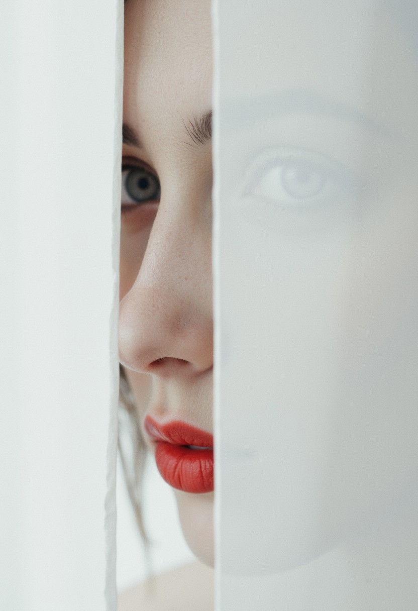A captivating minimalist portrait of a shy and alluring woman. The left half of her face is visible, with her delicate features seamlessly merging into a blank canvas of white. Her soft, bright red lips contrast against the monochromatic background, drawing the viewer's attention. Her eyes hold a subtle, mysterious expression that exudes both haunting and enchanting vibes. The simplicity of the composition, with its stark contrast, evokes a sense of ethereal beauty. cinematic_1940s cinematic_octane