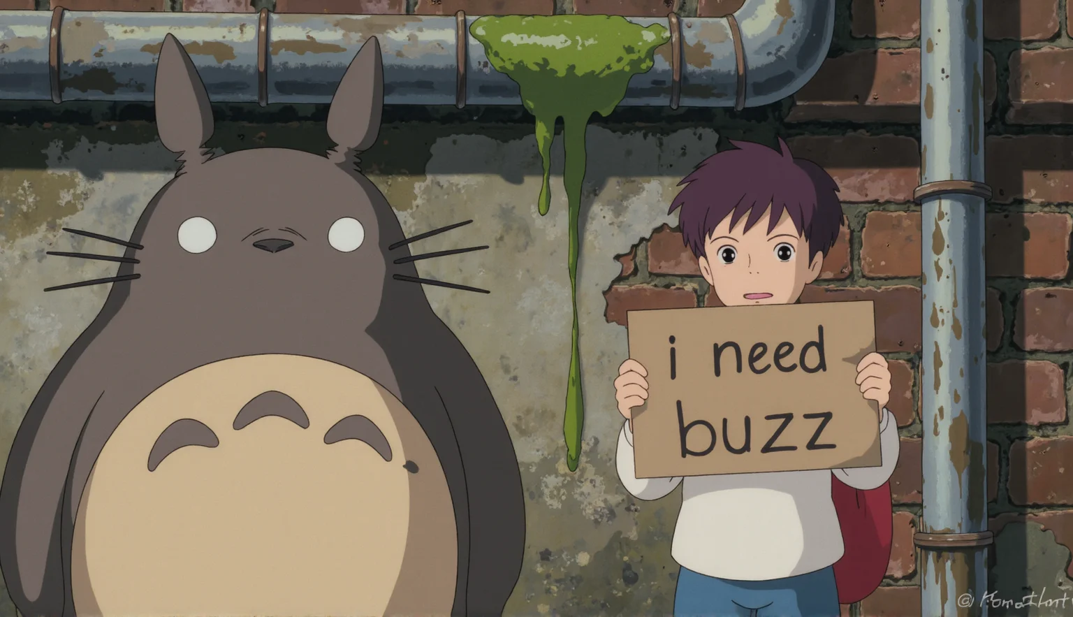 cute little adorable anime kiddo boy with purple hair standing with totoro in a city clum andholding up a sign saying "i need buzz" back ground is a city slum with pipe that has some thing green dripping there. the boy have tears in his eyes