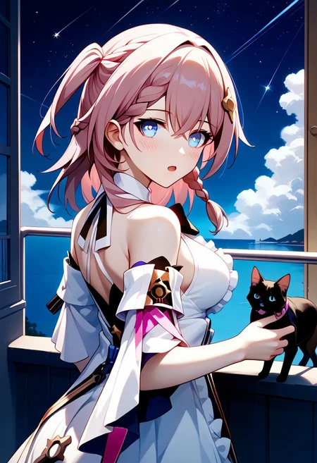 score_9,score_8_up,score_7_up,source_anime,ASTA_(HONKAI_STAR_RAIL),1girl,solo,breasts,looking at viewer,blush,open mouth,blue eyes,shirt,brown hair,hair ornament,holding,bare shoulders,medium breasts,white shirt,upper body,pink hair,braid,frills,detached sleeves,medium hair,looking back,signature,white dress,:o,one side up,cat,dog,
