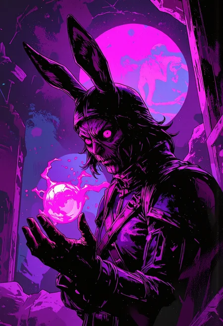ArcaneFGTNR digital artwork featuring a swirling purple rabbit mutant, magical neon glow, dark gritty visuals, dark illustrative comic book style