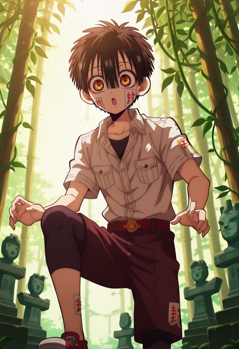 masterpiece, best quality, , anime screencap, anime coloring, official style, , 1boy, solo, male focus, <lora:hanako-kun_ilxl:1>, hanako-kun, black hair, brown eyes, short hair, hair between eyes, bangs, , , ofuda, jungle ruins, stone statues, vine curtains, hidden chambers, exploring pose, fascinated expression, filtered sunlight, Zigzag Fuchsia Jacquard Athletic leggings, Western shirt, , ,
