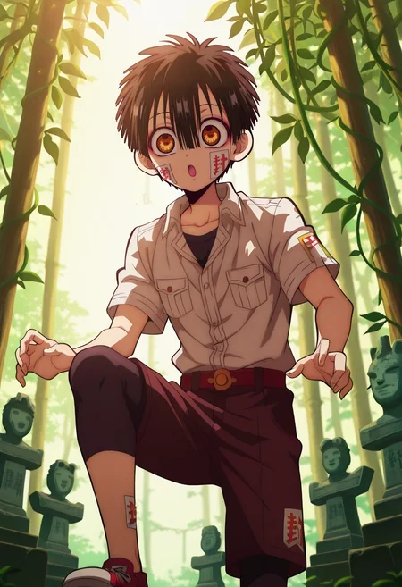 masterpiece, best quality, , anime screencap, anime coloring, official style, , 1boy, solo, male focus, <lora:hanako-kun_ilxl:1>, hanako-kun, black hair, brown eyes, short hair, hair between eyes, bangs, , , ofuda, jungle ruins, stone statues, vine curtains, hidden chambers, exploring pose, fascinated expression, filtered sunlight, Zigzag Fuchsia Jacquard Athletic leggings, Western shirt, , ,